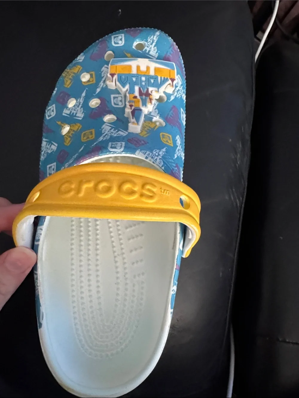 CROCS Kids Blue Castle Print Clogs with Yellow Strap